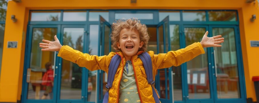Excited Child Entering School with Open Arms, Back to School Concept, Happy Kid Ready for Learning, Enthusiastic Student, Smiling Boy in Yellow Jacket, Education, Kindergarten, First Day, New School