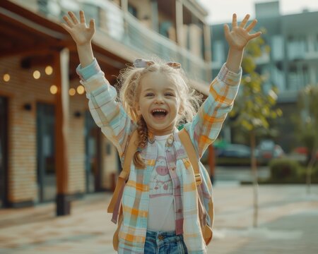Excited Schoolgirl Arriving at School with Backpack, Back to School Concept, Happy Child, Education, Learning, Knowledge, School Days, First Day of School, Elementary School, Kindergarten, New School - Powered by Adobe