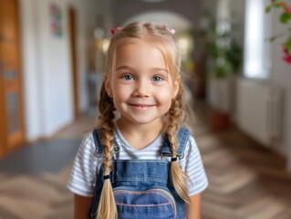 Happy Little Girl Smiling On First Day Of School, Back To School Concept, Joyful Child Excited For Education, Elementary School, Classroom, Education, Kids, Learning, Students, Teacher, New School