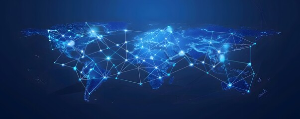 Low polygon Globe Map with social icons wireframe mesh on blue background