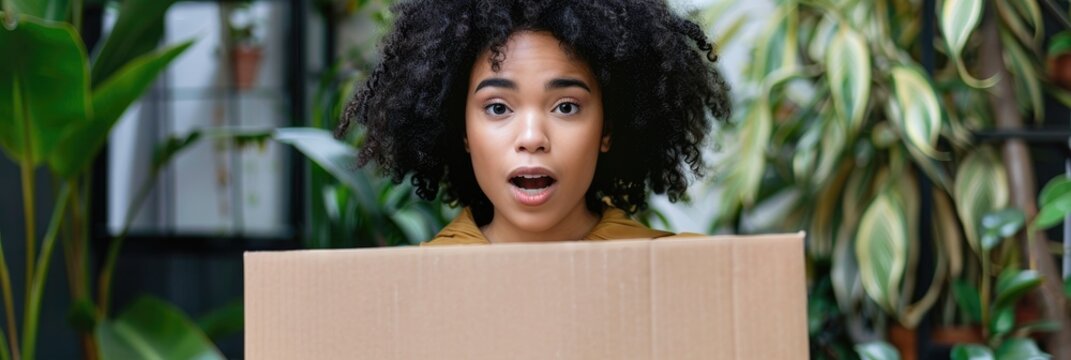 Young woman with curly hair moving into new residence holding cardboard box with shocked expression appearing skeptical and sarcastic with surprised open mouth