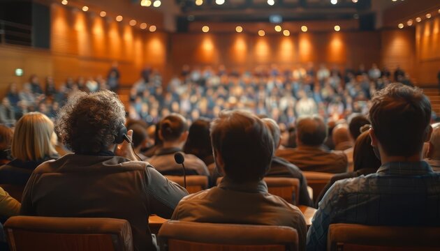 Public debate in community center diverse panel audience interaction warm lighting