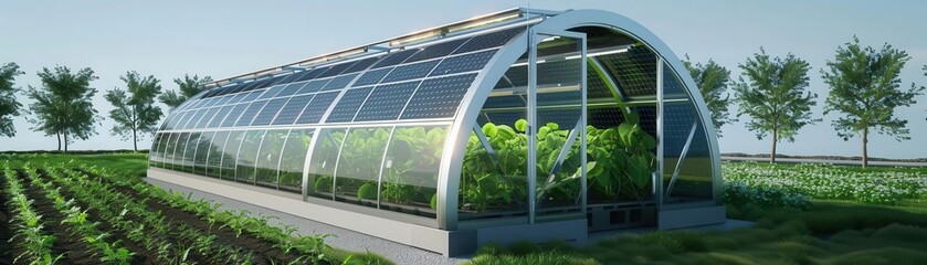 Fototapeta premium Ecofriendly solarpowered greenhouse, demonstrating efficient plant growth, side view, emphasizing renewable energy use, scifi tone, Tetradic color scheme, copy space for text