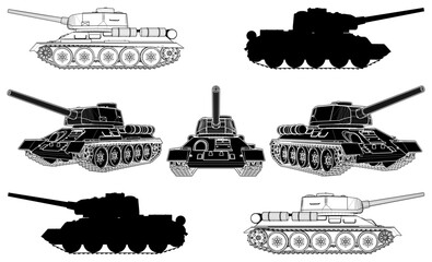 Obraz premium Military Tank Vector. Soviet Tanks Of The Second World War T-34. Illustration Isolated On White Background. 