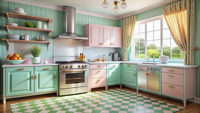 Retro 1950s style kitchen with pastel colored appliances, vintage chrome accents, and ornate patterned curtains, evoking a nostalgic feel of a bygone era.