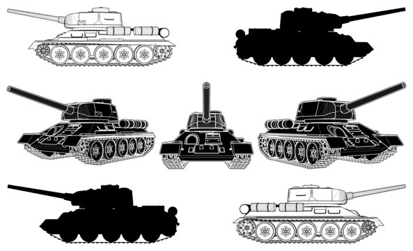 Military Tank Vector. Soviet Tanks Of The Second World War T-34. Illustration Isolated On White Background. 