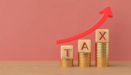Visual representation of tax growth with wooden blocks and rising coins, symbolizing financial increase and economic progress.