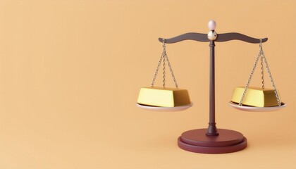 A classic balance scale showcasing two gold bars, symbolizing wealth and justice against a warm orange backdrop.