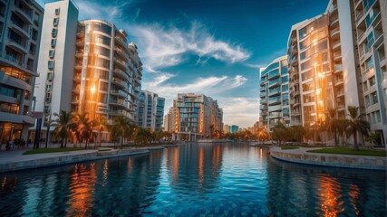 Modern buildings reflect in a calm pool of water. AI.