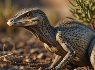 Obraz premium A small, spotted reptile with a long neck and sharp claws. AI.