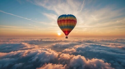 Obraz premium A colorful hot air balloon soars high above the clouds at sunset. AI.