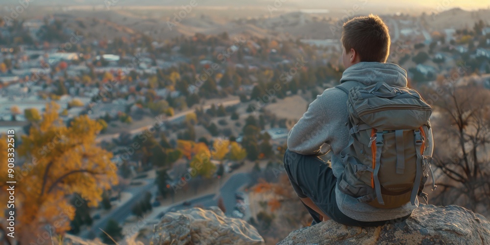 Poster A hiker sits on a rock overlooking a town. AI.