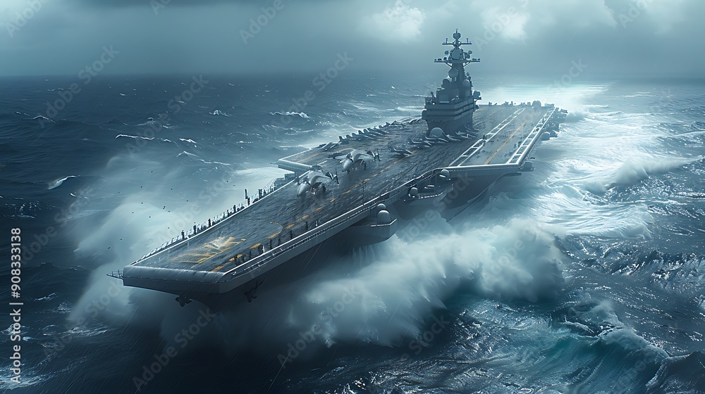 Wall mural a dynamic scene of an aircraft carrier sailing in the open sea with vehicle design elements