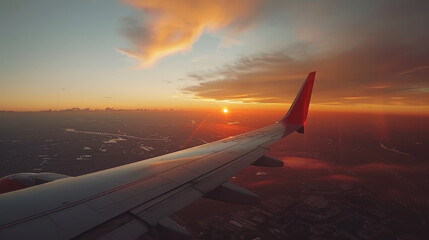 Obraz premium A breathtaking sunset view from an airplane window, showcasing a serene horizon with soft, glowing clouds and a wingtip in the foreground.