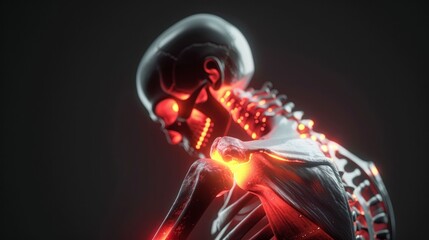 Glowing red skeleton bones on black background eerie medical illustration of human anatomy and science concept