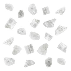 Sea salt crystals in air on white background