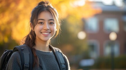 Happy Young Woman Student Backpack Autumn.