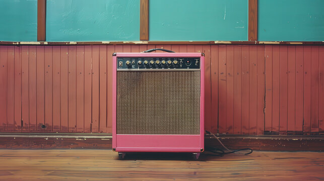 A vintage pink guitar amplifier stands against a wooden and turquoise wall, evoking a retro musical ambiance in an empty room.