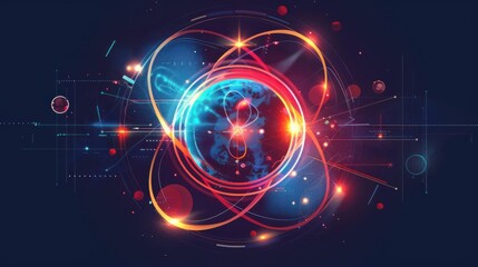 An abstract representation of nuclear medicine, using geometric shapes and vibrant colors to depict the process of radioactive tracer imaging, set against a dark background to create a visually