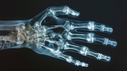 A high-resolution X-ray image of the human hand, highlighting the bones, joints, and soft tissues with clear contrast, set against a dark background to enhance the visibility of the skeletal