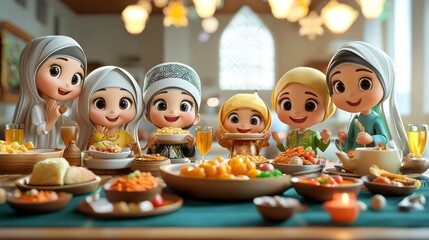 Fototapeta premium Cute Cartoon Family Celebrating Ramadan: 3D Illustration