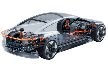 Technical electric car with EV system isolated on transparent background