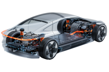 Technical electric car with EV system isolated on transparent background