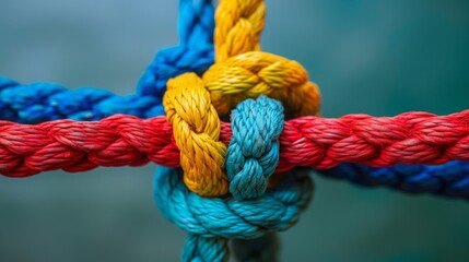 Fototapeta premium A close-up of colorful ropes tied together in a complex knot, symbolizing unity and interconnectedness.