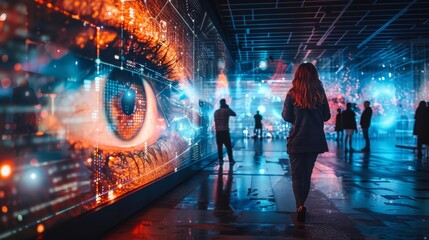 Tech conference event innovative displays attendees engaging futuristic environment