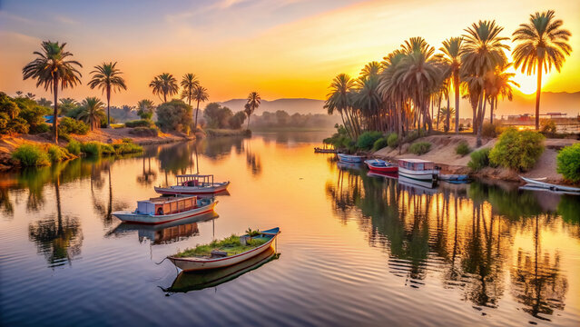 Serene sunrise over the tranquil Nile River in Egypt, majestic palm trees lining the riverbank, with rustic wooden boats drifting gently on the calm waters.