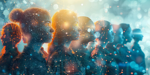 A line of silhouetted individuals overlaid with interconnected digital networks and light effects, symbolizing unity and digital connections.