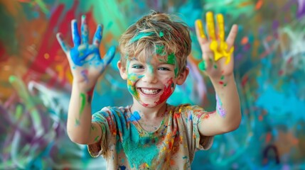 A young boy covered in colorful paint smiles broadly, showcasing the joy of creative expression.