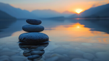 A serene sunset over a tranquil lake with stacked stones in the foreground, reflecting a peaceful and calming atmosphere perfect for relaxation.