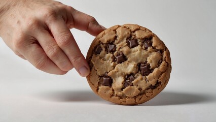 Hand holding a large, chunky chocolate chip cookie