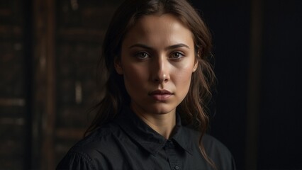 Fototapeta premium Serious woman gazing intensely in dimly lit room.