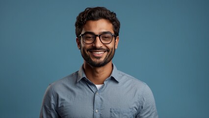 Obraz premium Smiling man with glasses exuding joy in casual look.
