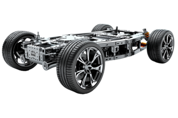 Chrome car chassis with tires isolated on transparent background