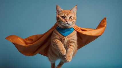 Obraz premium Playful cat dressed as a superhero flying mid-air happily