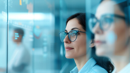 A businesswoman with glasses analyzes digital data on a transparent screen. The modern office highlights her concentration and analytical skills, emphasizing the importance of technology in business.