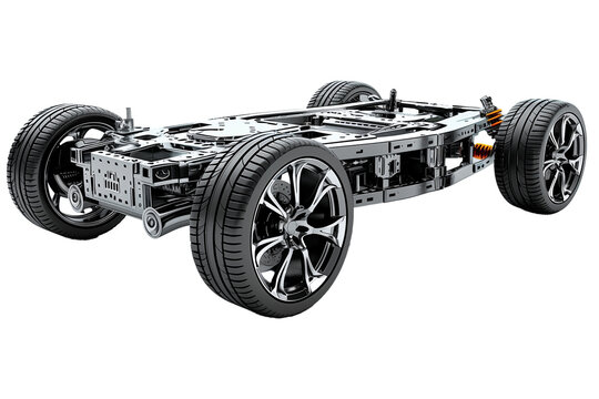 Chrome car chassis with tires isolated on transparent background