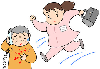 介護のイラスト - 訪問看護師・高齢者医療・緊急連絡・訪問看護