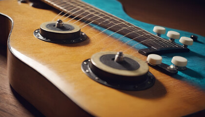 Fototapeta premium close up of a guitar on a wooden table in an isolated background