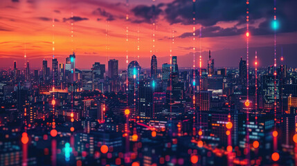 Obraz premium Modern cityscape at sunset with digital data streams overlay, representing technology and connectivity in urban environments.