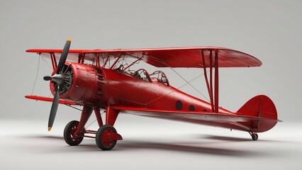 Bright red vintage biplane displayed in a studio setting