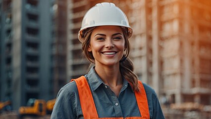 Construction worker woman smiling at building site