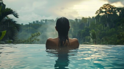 Fototapeta premium Happy Woman in Infinity Pool, Enjoying Warm Tropical Rain