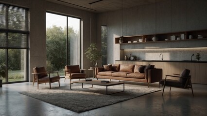 Fototapeta premium Modern living room with large windows and wooden accents.