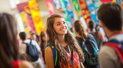 An energetic scene of a college orientation event, where first-year students are participating in various activities and workshops, getting to know each other and familiarizing themselves with the