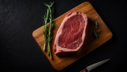 Juicy raw steak with fresh rosemary on a wooden board