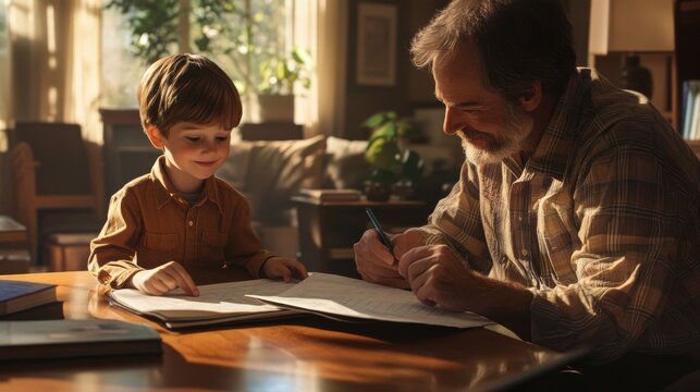 A heartwarming scene of a young child eagerly showing their homework to a parent at home, with the parent offering praise and support, surrounded by a warm and inviting living room, highlighting the
